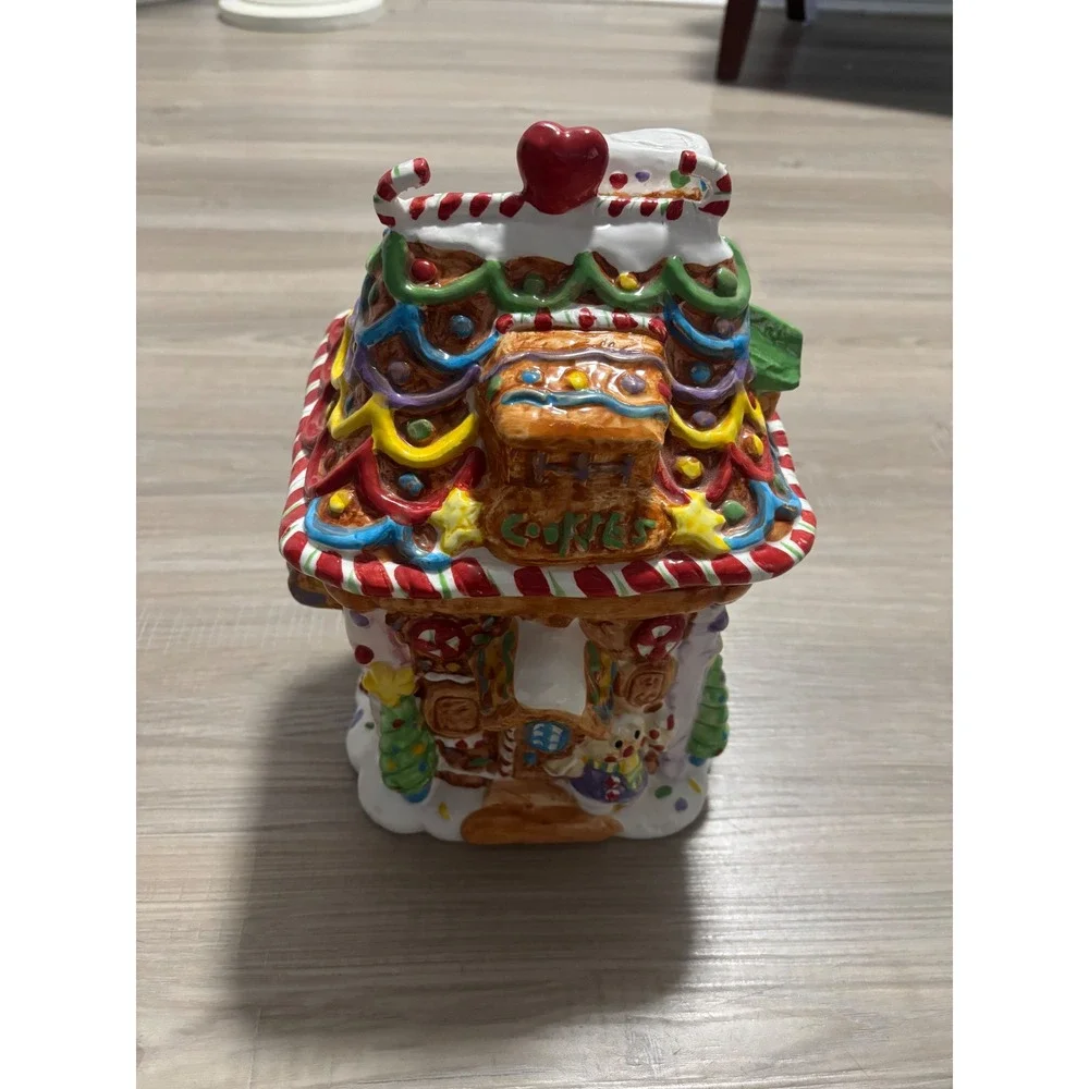 Vintage Christmas Gingerbread House Ceramic Cookie Jar Holiday Decor Multicolor